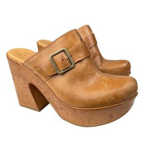 Kork Ease Women's Nadja Tan Leather Harness Mule Clog Boot Chunky Platform Heel